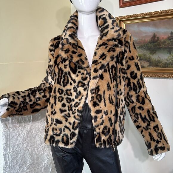 H&M Leopard Print Fluffy Faux Fur Motorcycle Style Jacket - Picture 10 of 12